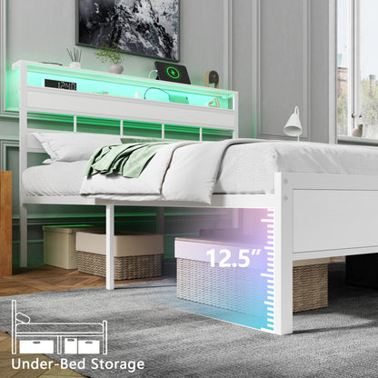 Satifur Full Bed Frames with Charging Station and LED Lights, Full Size Platform Bed with Wood Headboard & 2-Tier Storage Shelves, No Box Spring Needed, White