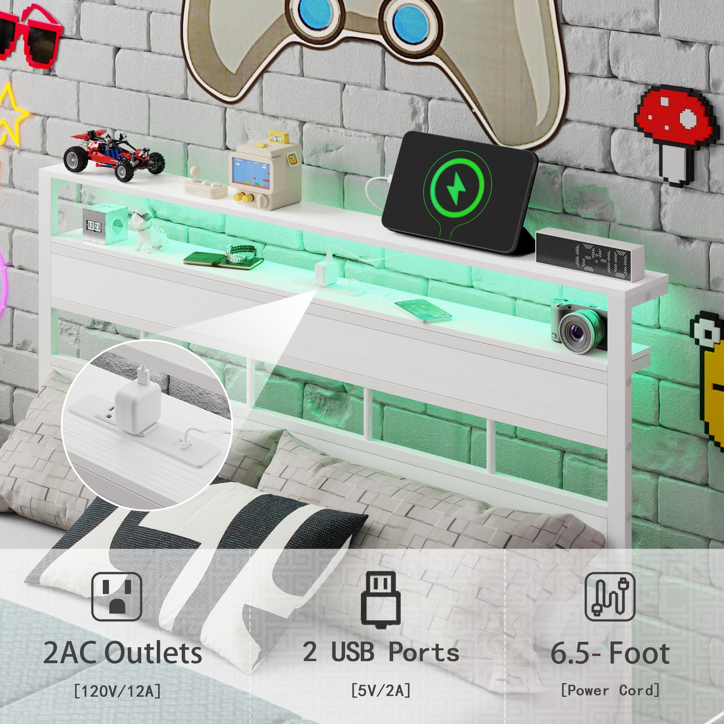 Satifur Full Bed Frames with Charging Station and LED Lights, Full Size Platform Bed with Wood Headboard & 2-Tier Storage Shelves, No Box Spring Needed, White