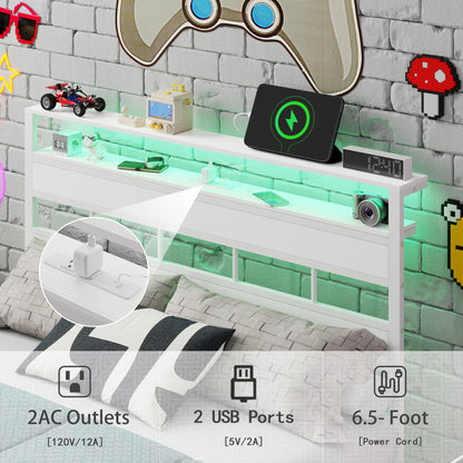 Satifur Full Bed Frames with Charging Station and LED Lights, Full Size Platform Bed with Wood Headboard & 2-Tier Storage Shelves, No Box Spring Needed, White