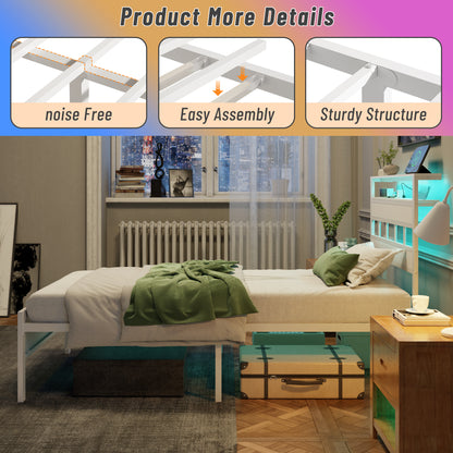 Satifur Twin Bed Frames with Charging Station and LED Lights, Twin Size Platform Bed with Wood Headboard & 2-Tier Storage Shelves, No Box Spring Needed, White