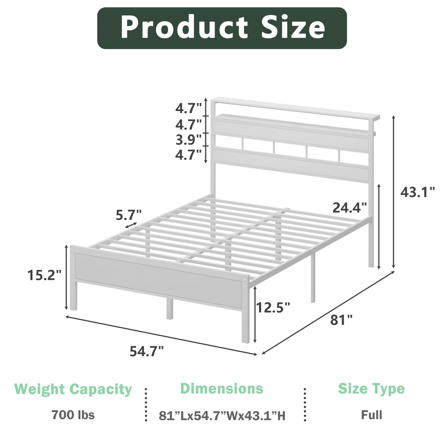 Satifur Full Bed Frames with Charging Station and LED Lights, Full Size Platform Bed with Wood Headboard & 2-Tier Storage Shelves, No Box Spring Needed, White