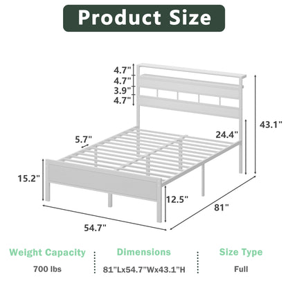Satifur Full Bed Frames with Charging Station and LED Lights, Full Size Platform Bed with Wood Headboard & 2-Tier Storage Shelves, No Box Spring Needed, White