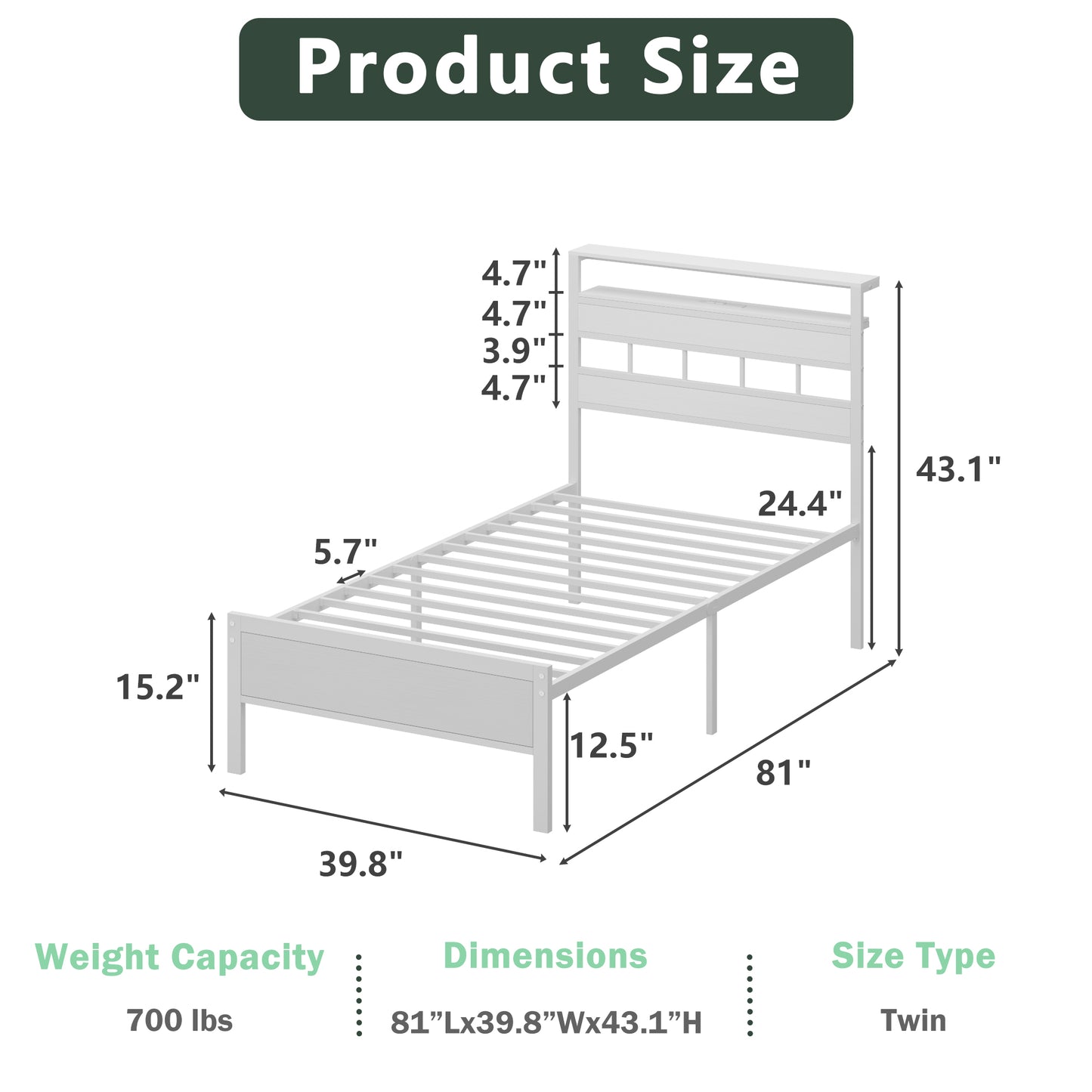 Satifur Twin Bed Frames with Charging Station and LED Lights, Twin Size Platform Bed with Wood Headboard & 2-Tier Storage Shelves, No Box Spring Needed, White