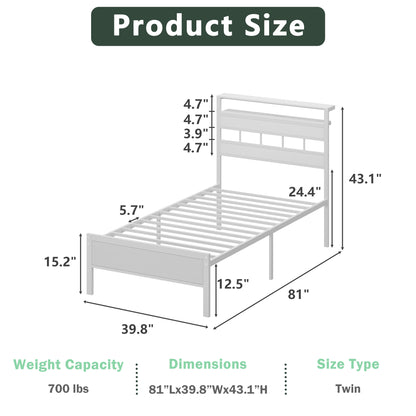 Satifur Twin Bed Frames with Charging Station and LED Lights, Twin Size Platform Bed with Wood Headboard & 2-Tier Storage Shelves, No Box Spring Needed, White