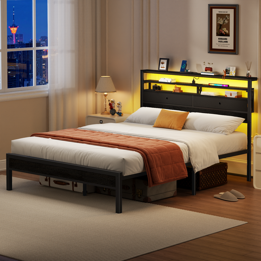 Satifur Queen Size Bed Frame with 2 Storage Drawers Headboard, LED & Charging Station, Black oack