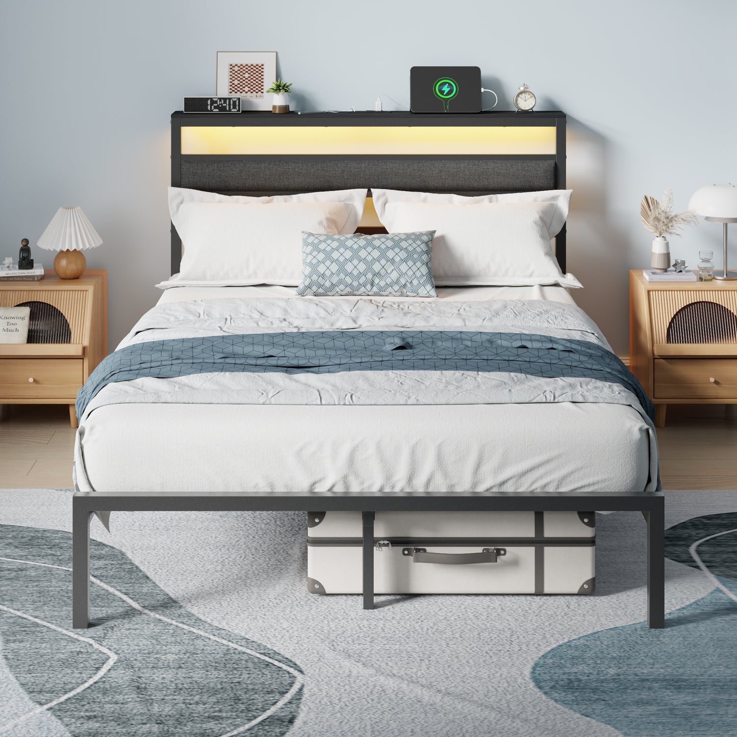 Satifur Full Size Upholstered Bed Frame with LED Lights, USB Charging Station & Headboard Shelf, Black Metal, No Box Spring Needed