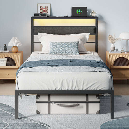 Satifur Twin Size Bed Frame with Upholstered Headboard & Shelf, LED Lights & USB Charging Station, Metal Black
