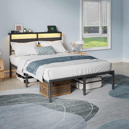 Satifur Full Size Bed Frame with Upholstered Headboard & Shelf, LED Lights & USB Charging Station, Metal Black