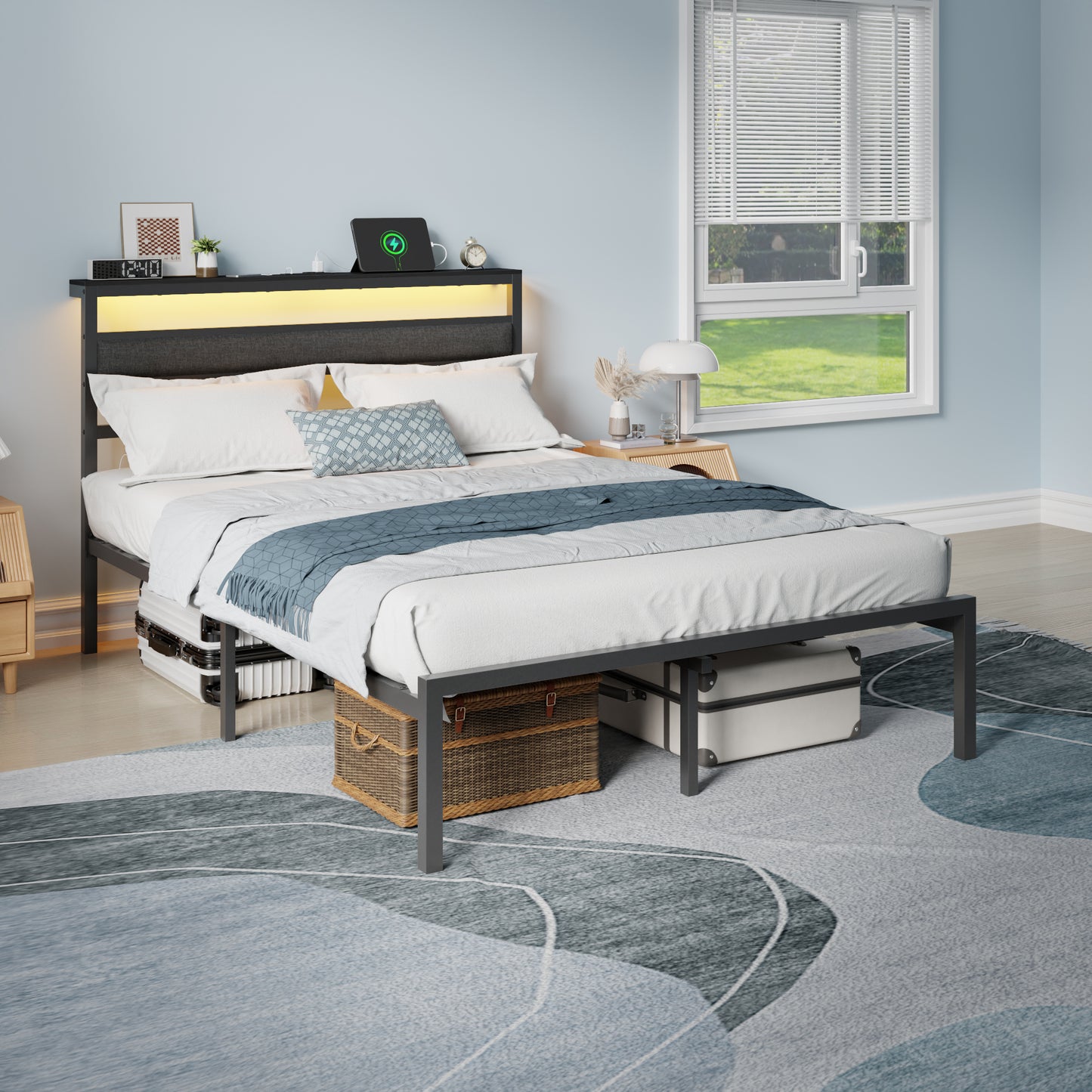 Satifur Full Size Upholstered Bed Frame with LED Lights, USB Charging Station & Headboard Shelf, Black Metal, No Box Spring Needed