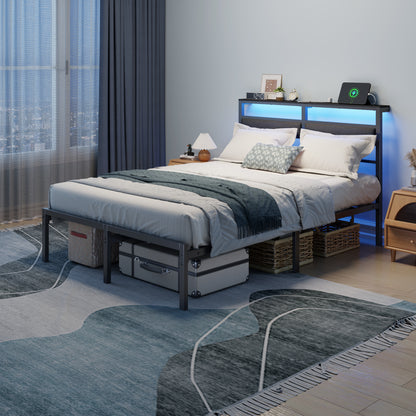 Satifur Full Size Bed Frame with Upholstered Headboard & Shelf, LED Lights & USB Charging Station, Metal Black