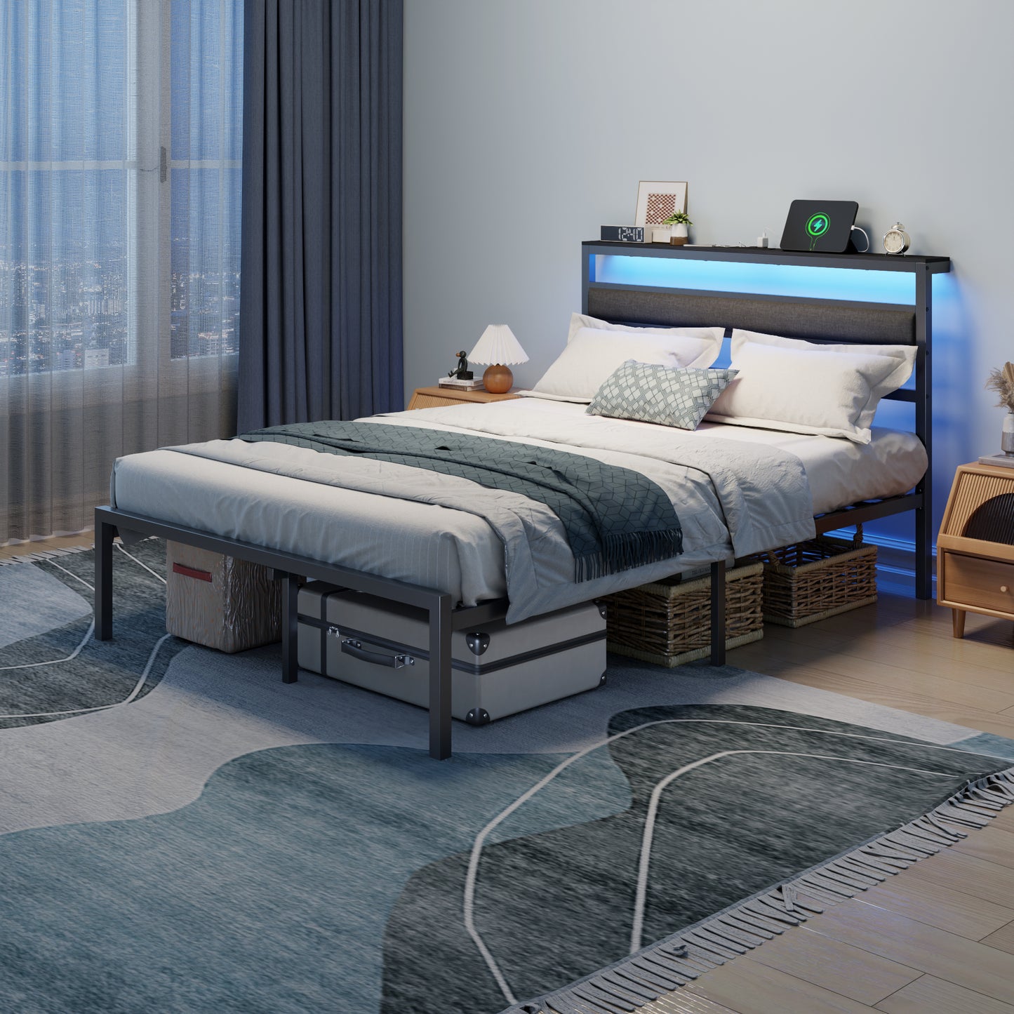Satifur Full Size Upholstered Bed Frame with LED Lights, USB Charging Station & Headboard Shelf, Black Metal, No Box Spring Needed