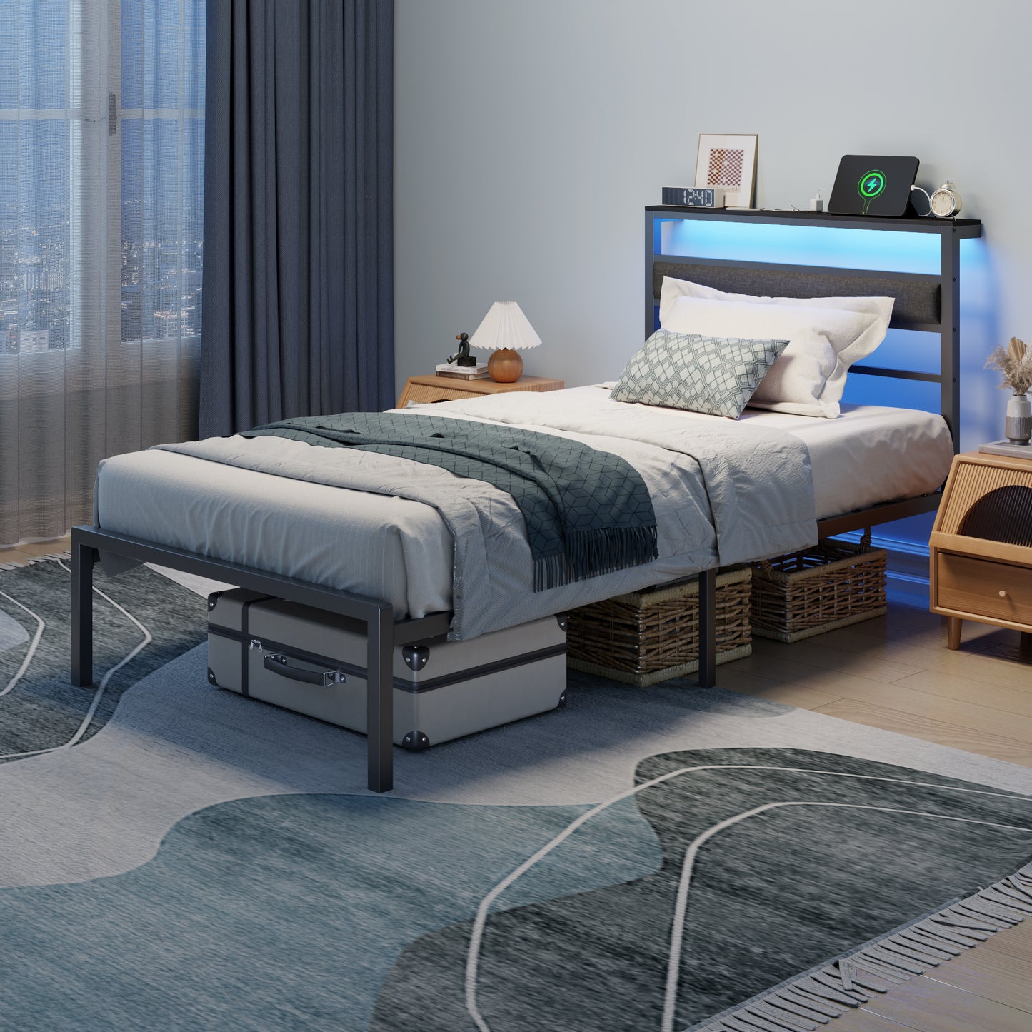 Satifur Twin Size Bed Frame with Upholstered Headboard & Shelf, LED Lights & USB Charging Station, Metal Black