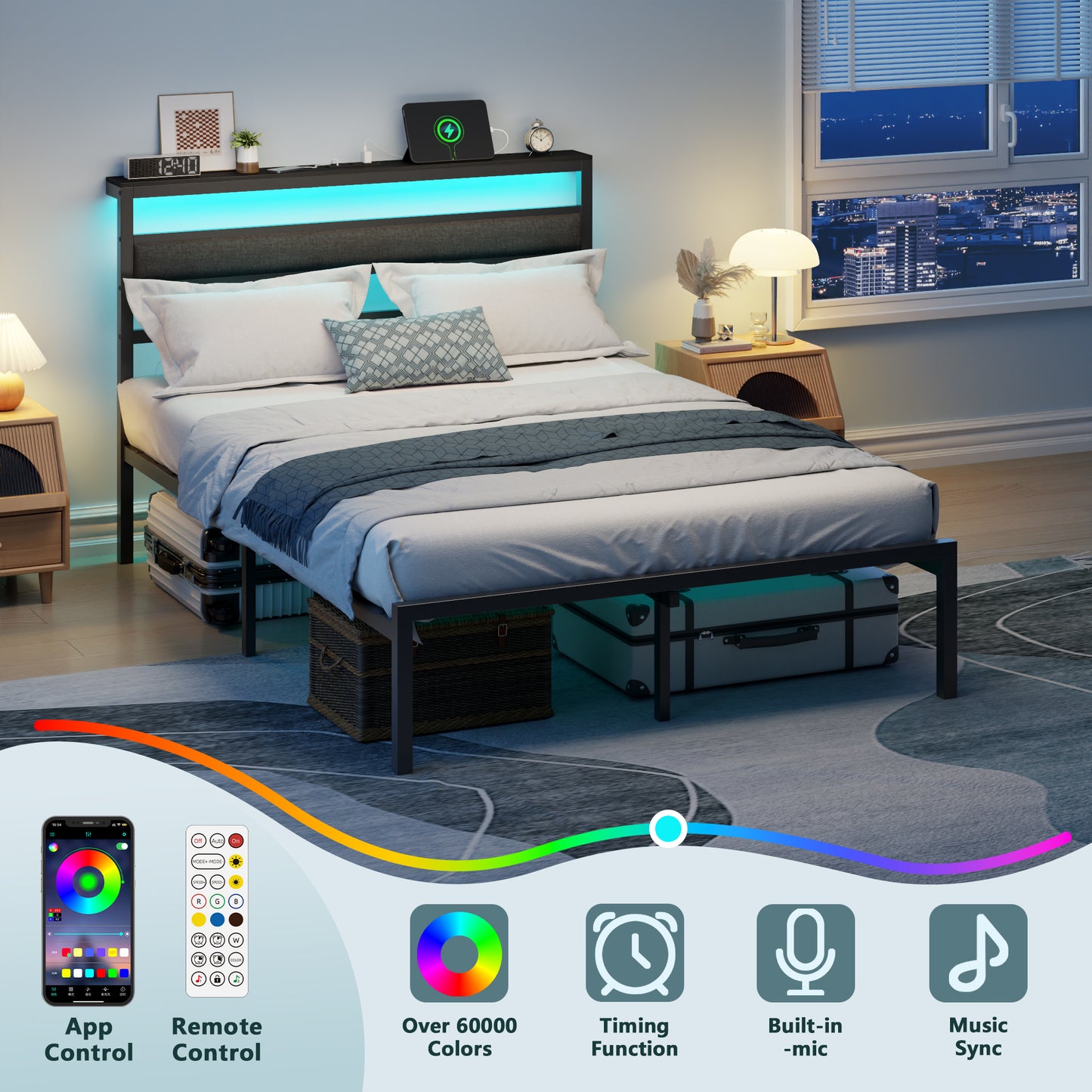 Satifur Full Size Upholstered Bed Frame with LED Lights, USB Charging Station & Headboard Shelf, Black Metal, No Box Spring Needed