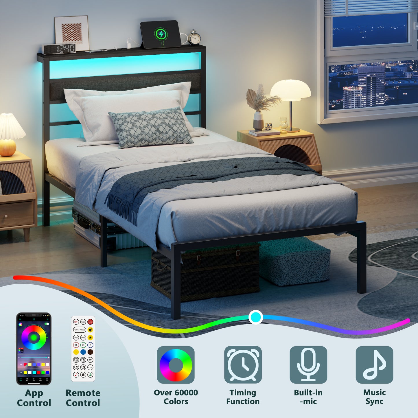 Satifur Twin Size Bed Frame with Upholstered Headboard & Shelf, LED Lights & USB Charging Station, Metal Black