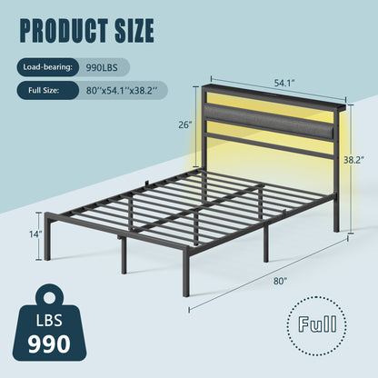 Satifur Full Size Upholstered Bed Frame with LED Lights, USB Charging Station & Headboard Shelf, Black Metal, No Box Spring Needed