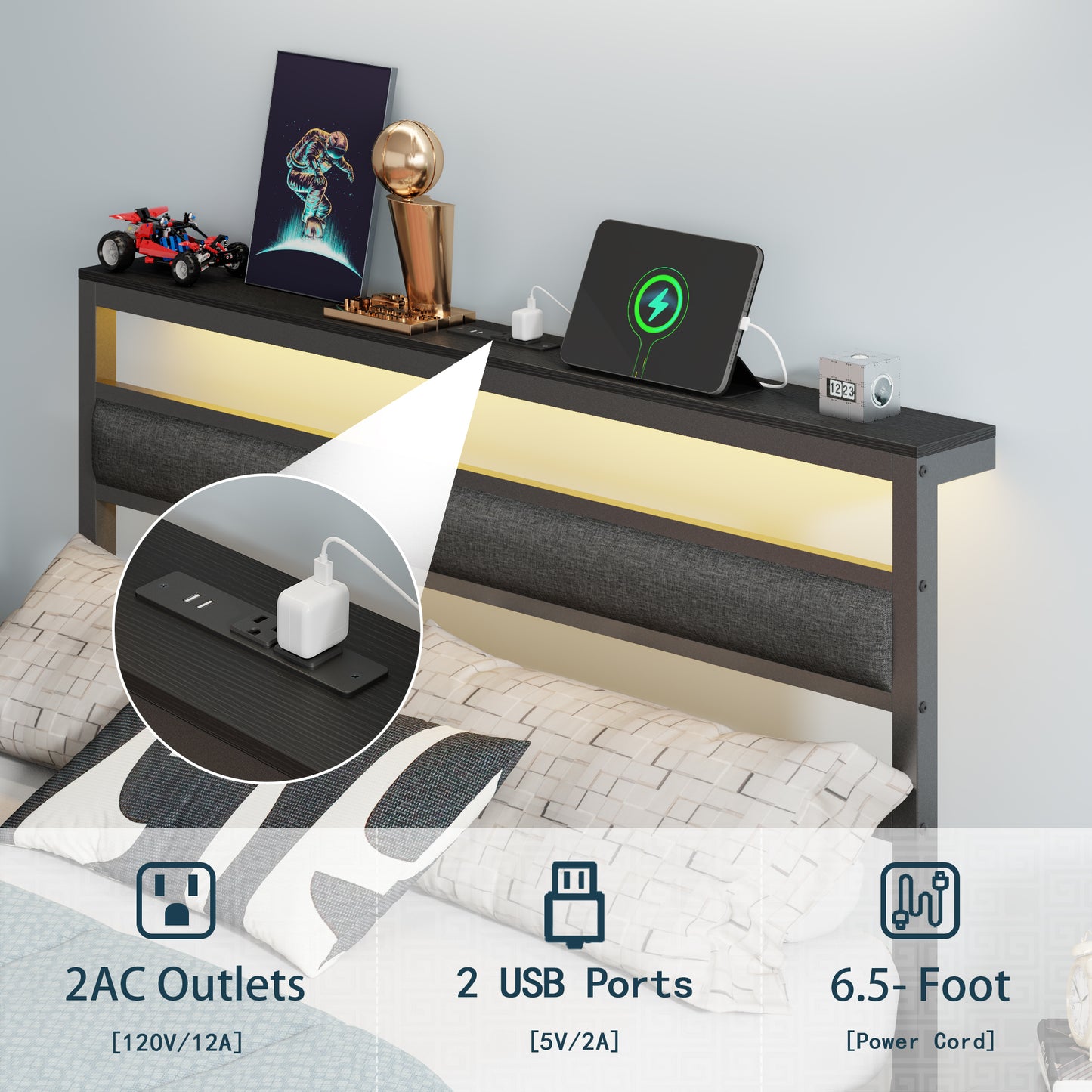 Satifur Full Size Upholstered Bed Frame with LED Lights, USB Charging Station & Headboard Shelf, Black Metal, No Box Spring Needed
