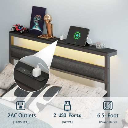 Satifur Full Size Upholstered Bed Frame with LED Lights, USB Charging Station & Headboard Shelf, Black Metal, No Box Spring Needed