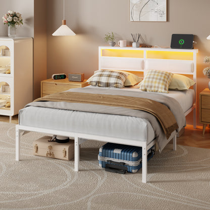 Satifur Full Size Bed Frame with Upholstered Headboard & Shelf, LED Lights & USB Charging Station, White