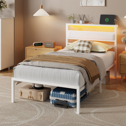 Satifur Twin Size Bed Frame with Storage Headboard Shelf, LED Bed Platform with USB Charging Station, White
