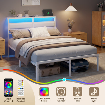 Satifur Full Size Bed Frame with Upholstered Headboard & Shelf, LED Lights & USB Charging Station, White