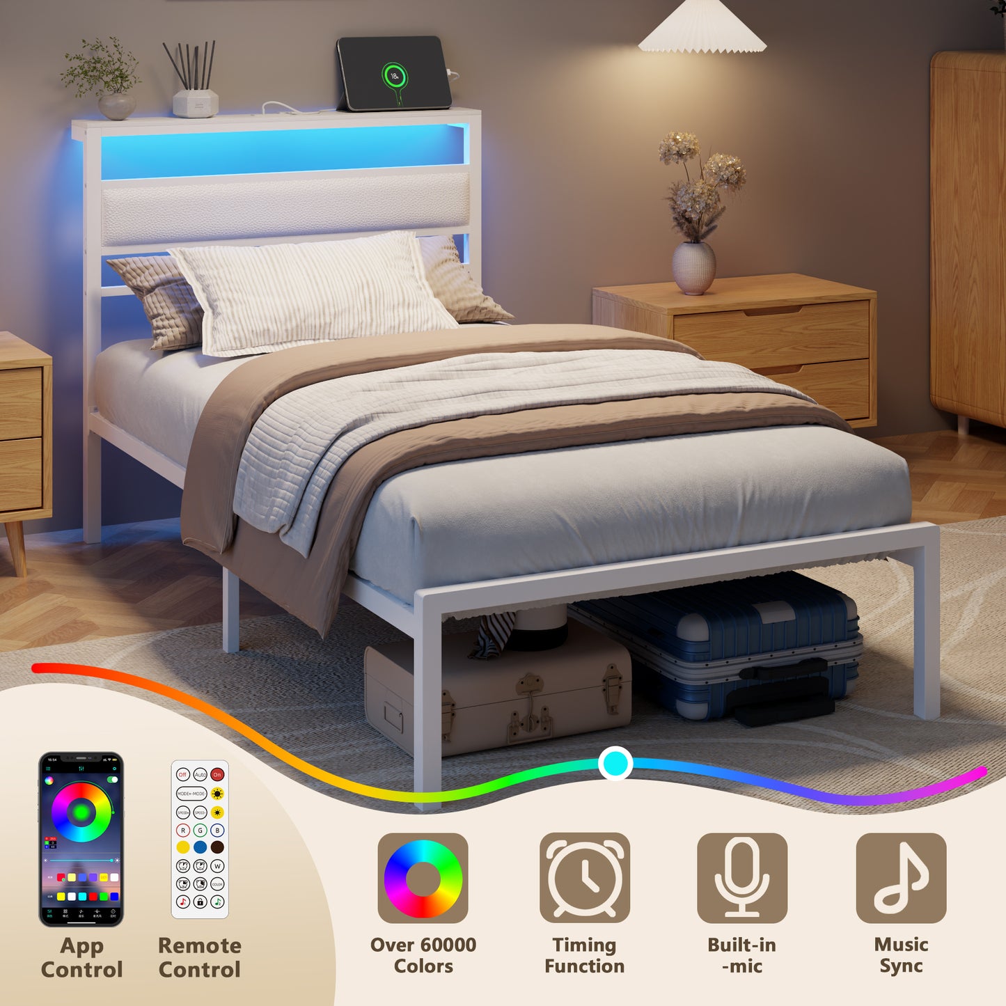 Satifur Twin Size Bed Frame with Storage Headboard Shelf, LED Bed Platform with USB Charging Station, White