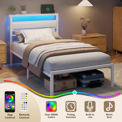 Satifur Twin Size Bed Frame with Storage Headboard Shelf, LED Bed Platform with USB Charging Station, White