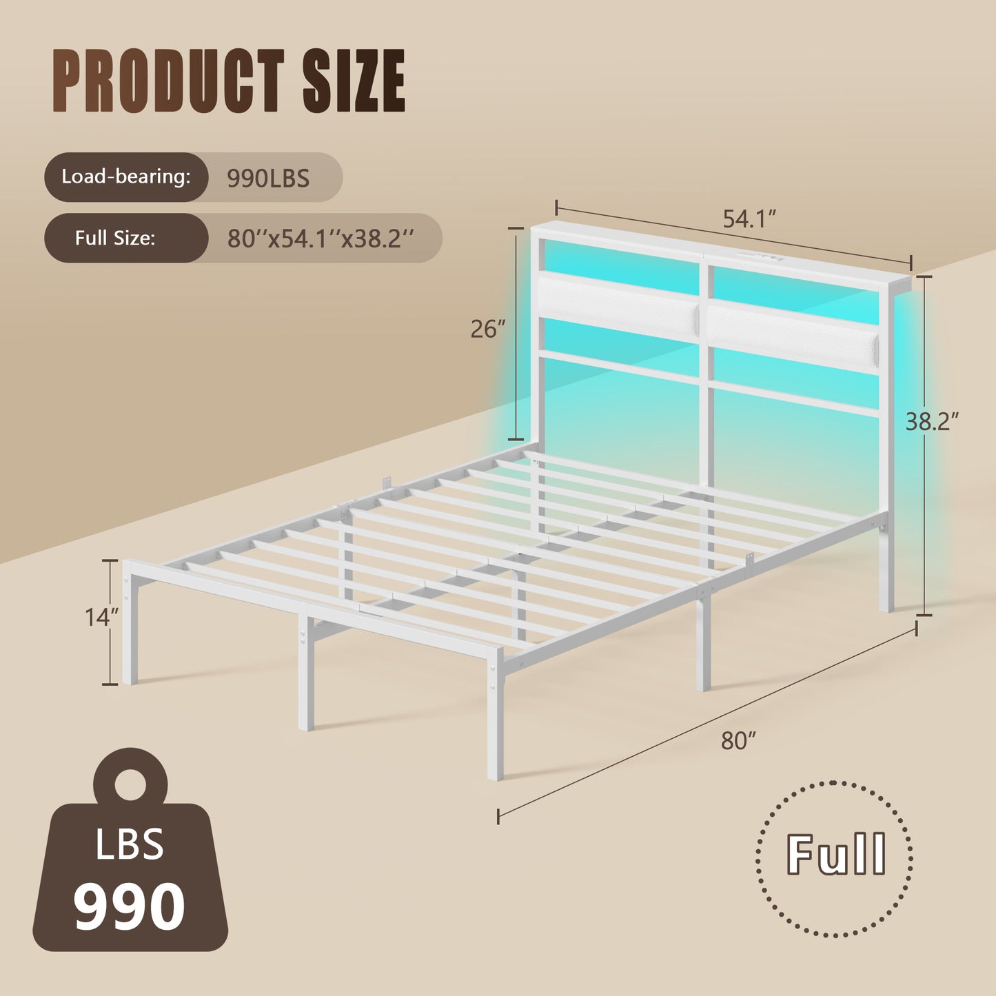 Satifur Full Size Bed Frame with Upholstered Headboard & Shelf, LED Lights & USB Charging Station, White