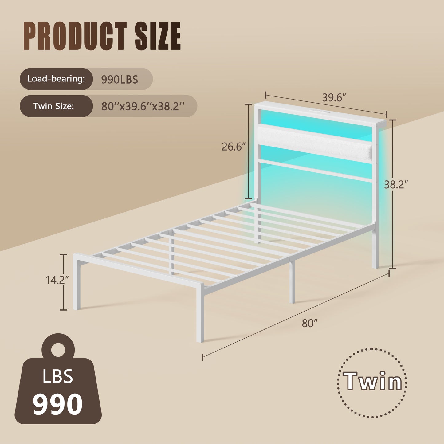 Satifur Twin Size Bed Frame with Storage Headboard Shelf, LED Bed Platform with USB Charging Station, White