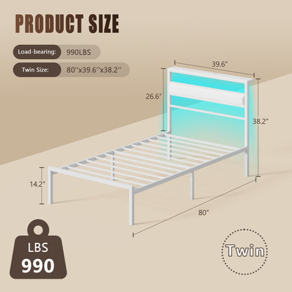 Satifur Twin Size Bed Frame with Storage Headboard Shelf, LED Bed Platform with USB Charging Station, White