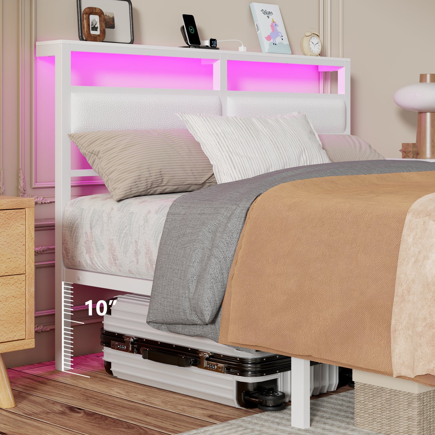 Satifur Full Size Bed Frame with Upholstered Headboard & Shelf, LED Lights & USB Charging Station, White