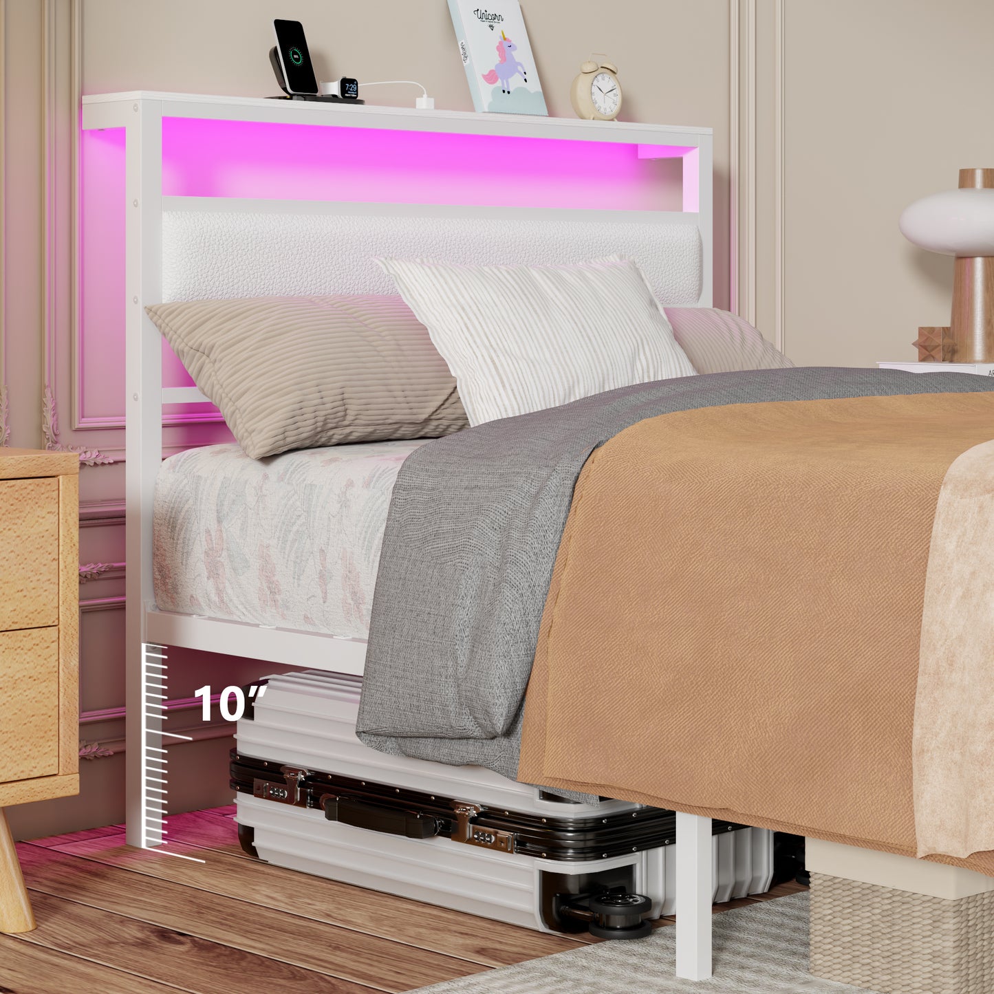 Satifur Twin Size Bed Frame with Storage Headboard Shelf, LED Bed Platform with USB Charging Station, White