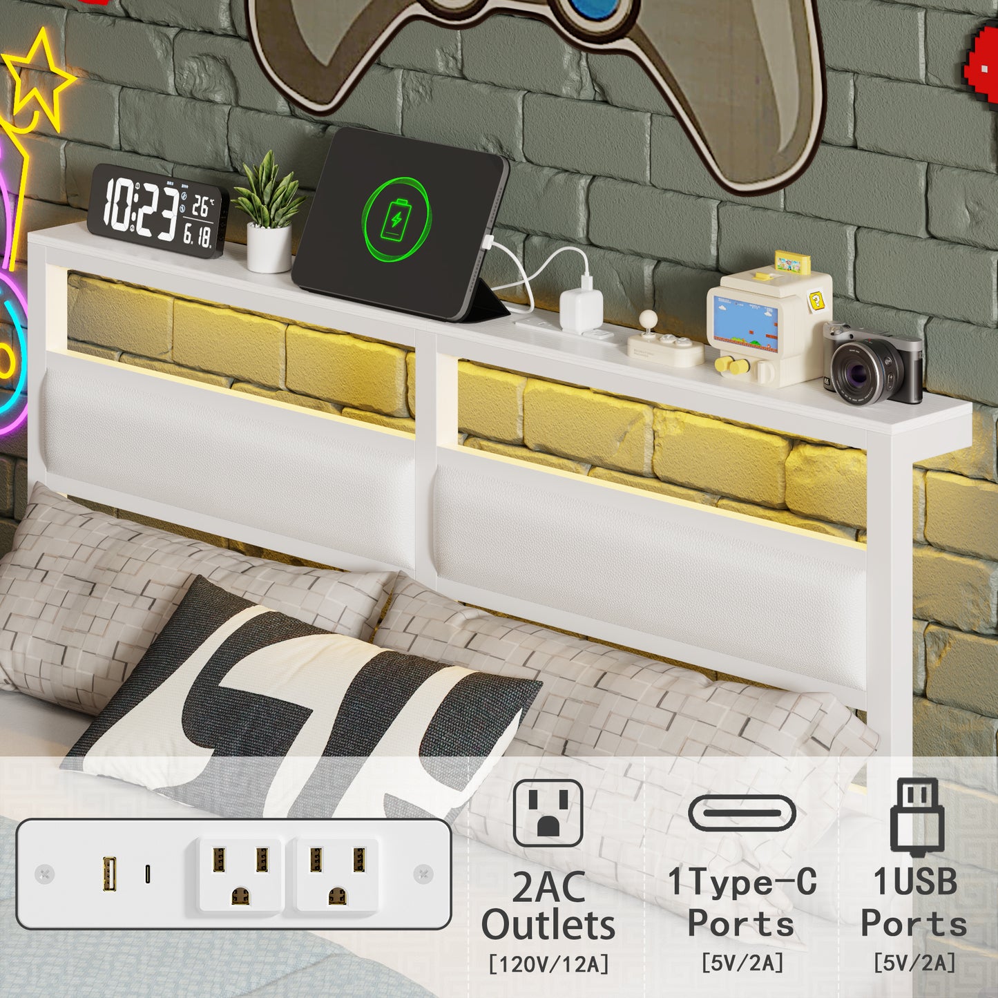 Satifur Full Size Bed Frame with Upholstered Headboard & Shelf, LED Lights & USB Charging Station, White