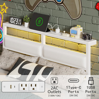 Satifur Full Size Bed Frame with Upholstered Headboard & Shelf, LED Lights & USB Charging Station, White