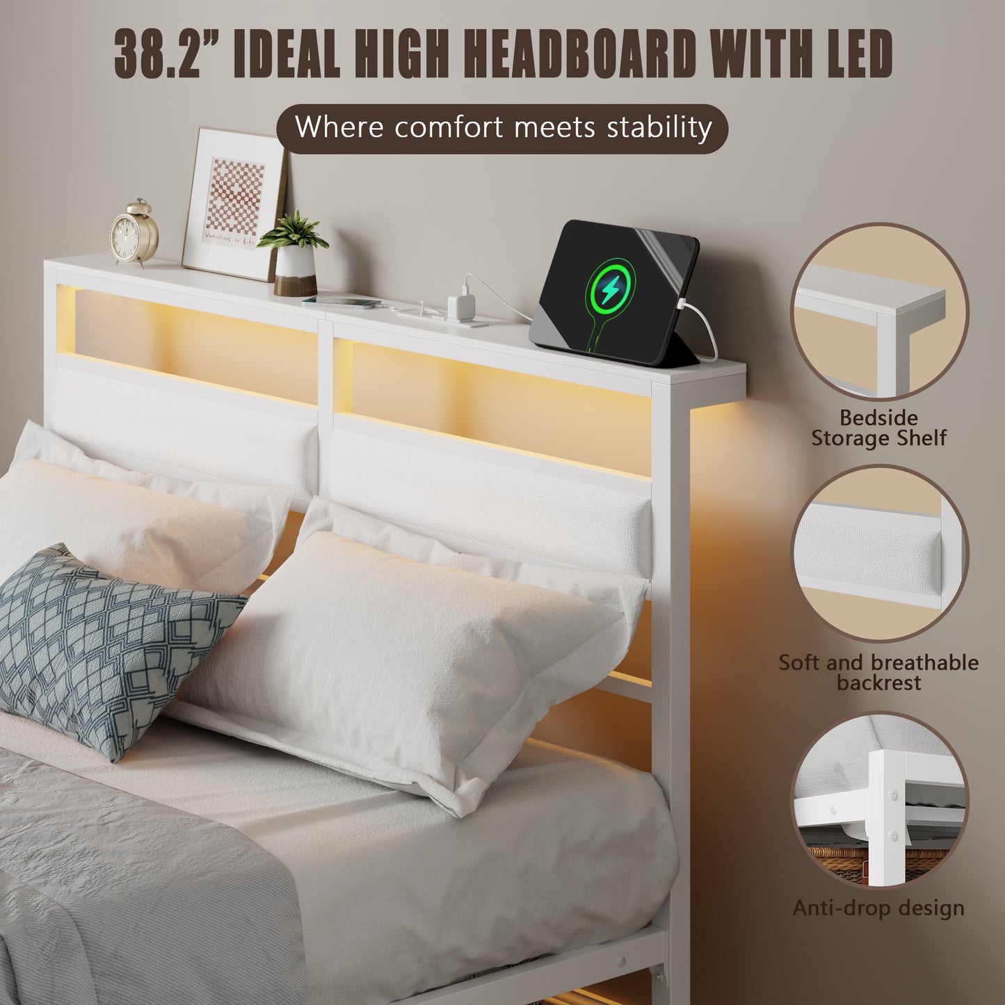 Satifur Full Size Bed Frame with Upholstered Headboard & Shelf, LED Lights & USB Charging Station, White