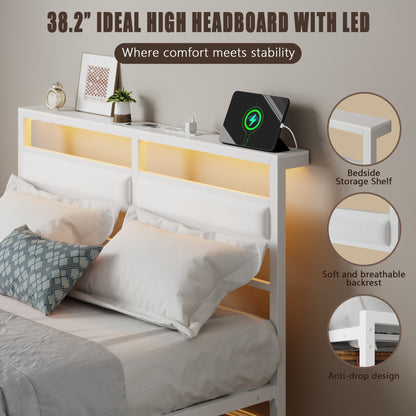 Satifur Full Size Bed Frame with Upholstered Headboard & Shelf, LED Lights & USB Charging Station, White