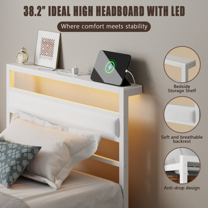 Satifur Twin Size Bed Frame with Storage Headboard Shelf, LED Bed Platform with USB Charging Station, White