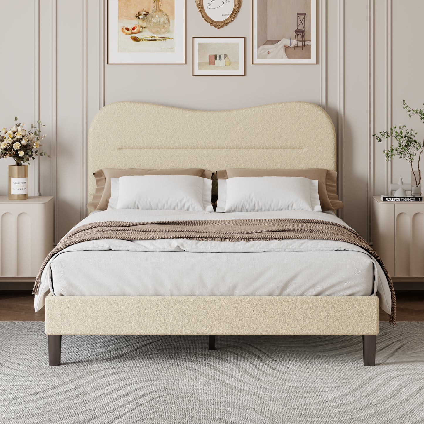 Satifur Full Bed Frame with Teddy Velvet Soft Curved Headboard, Platform Bed with Wooden Slats Support, Easy Assembly, Noise-Free, Beige