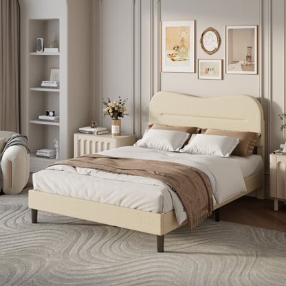 Satifur Full Bed Frame with Teddy Velvet Soft Curved Headboard, Platform Bed with Wooden Slats Support, Easy Assembly, Noise-Free, Beige