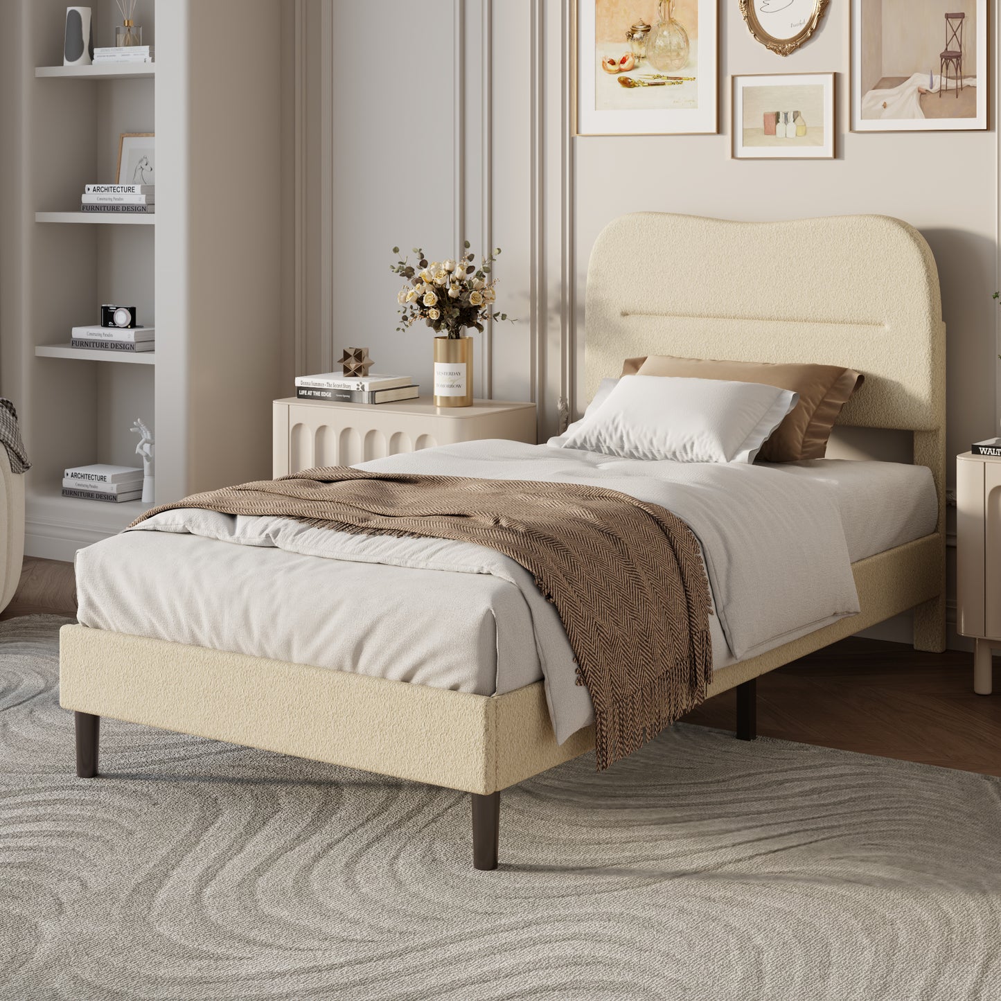 Satifur Twin Bed Frame with Teddy Velvet Soft Curved Headboard, Platform Bed Easy Assembly, Noise-Free, Beige