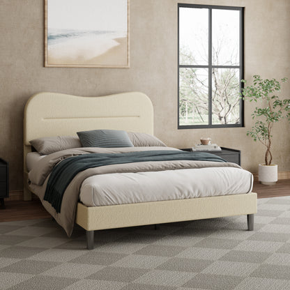 Satifur Full Bed Frame with Teddy Velvet Soft Curved Headboard, Platform Bed with Wooden Slats Support, Easy Assembly, Noise-Free, Beige