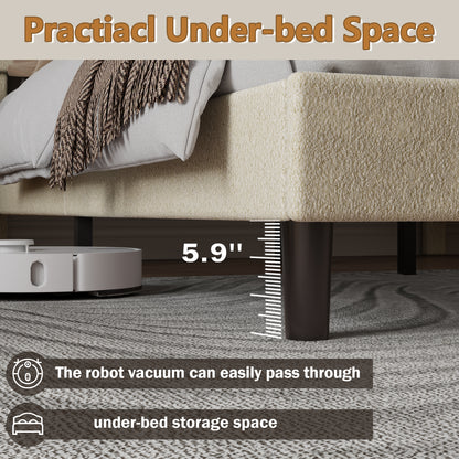 Satifur Full Bed Frame with Teddy Velvet Soft Curved Headboard, Platform Bed with Wooden Slats Support, Easy Assembly, Noise-Free, Beige