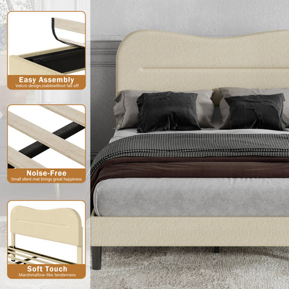 Satifur Full Bed Frame with Teddy Velvet Soft Curved Headboard, Platform Bed with Wooden Slats Support, Easy Assembly, Noise-Free, Beige