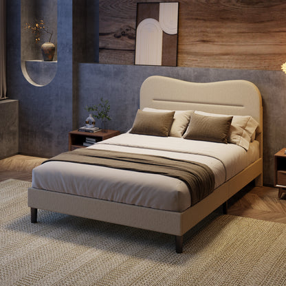 Satifur Full Bed Frame with Teddy Velvet Soft Curved Headboard, Platform Bed with Wooden Slats Support, Easy Assembly, Noise-Free, Beige