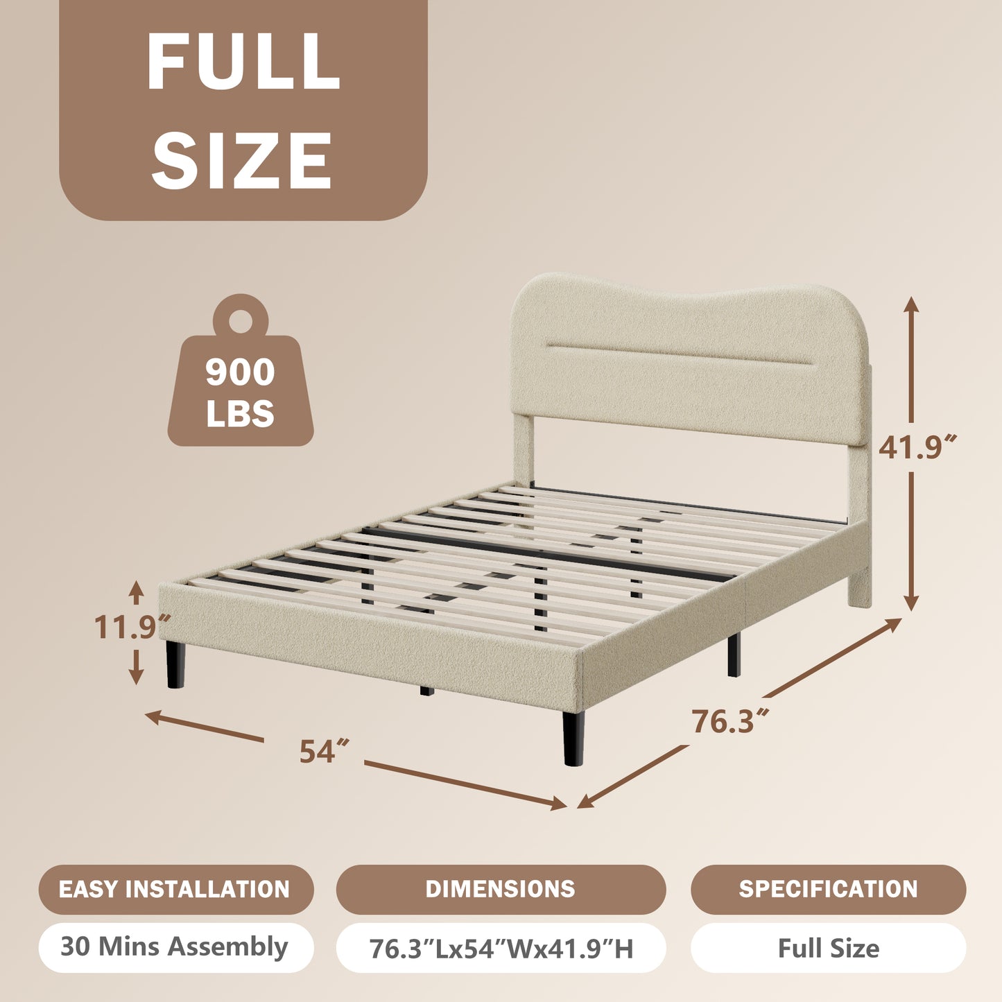 Satifur Full Bed Frame with Teddy Velvet Soft Curved Headboard, Platform Bed with Wooden Slats Support, Easy Assembly, Noise-Free, Beige