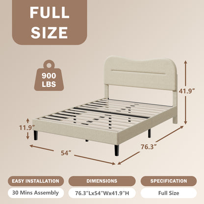 Satifur Full Bed Frame with Teddy Velvet Soft Curved Headboard, Platform Bed with Wooden Slats Support, Easy Assembly, Noise-Free, Beige