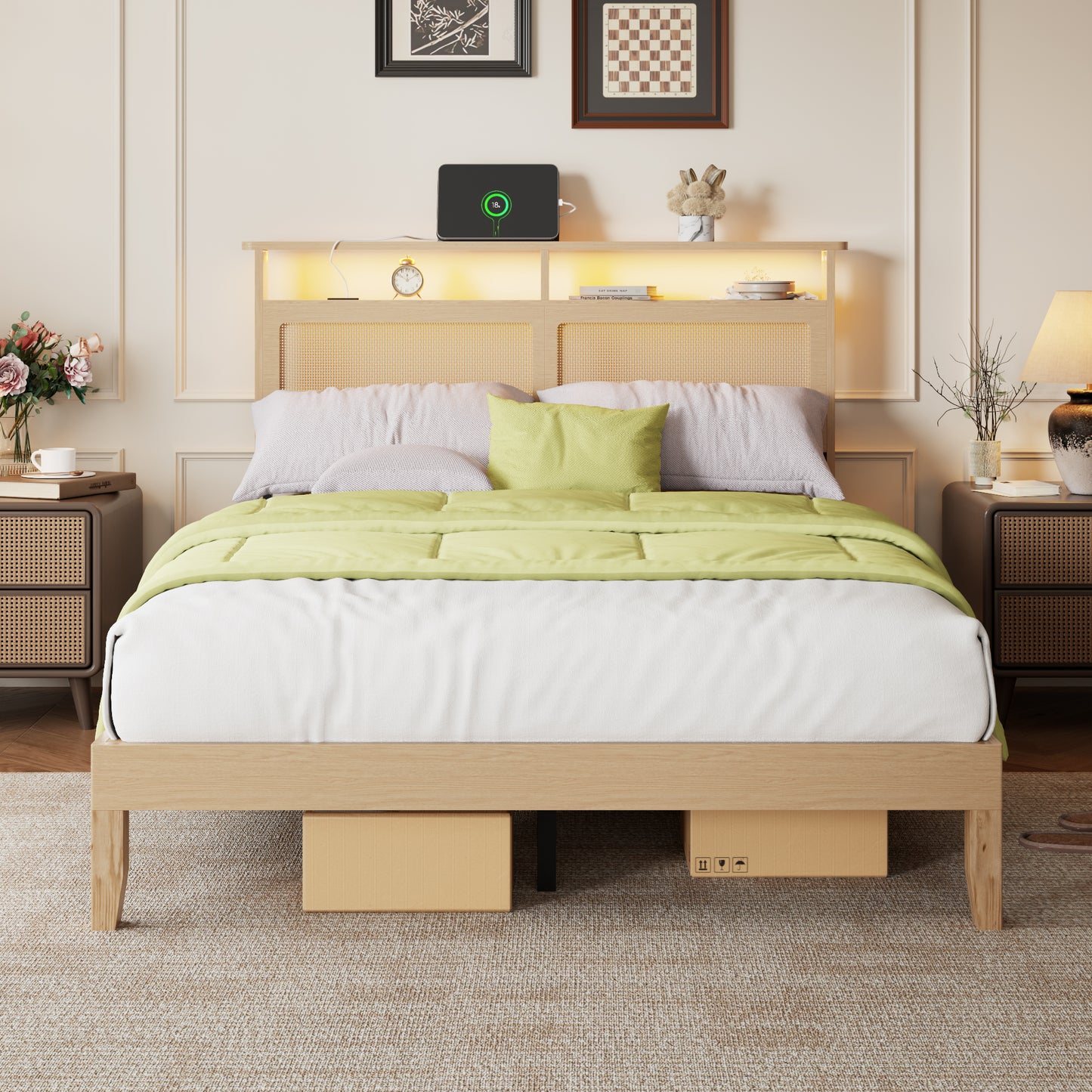 Satifur Wooden Bed Frame with Rattan Storage Headboard, Smart RGB LED Lights and Charging Station, Heavy Duty Platform Bed with Under-Bed Storage Space, Noise-Free, Natural