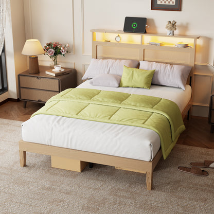 Satifur Wooden Bed Frame with Rattan Storage Headboard, Smart RGB LED Lights and Charging Station, Heavy Duty Platform Bed with Under-Bed Storage Space, Noise-Free, Natural
