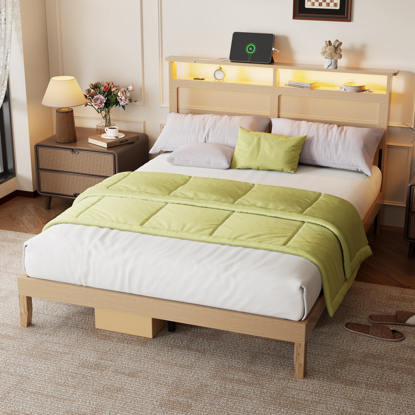 Satifur Queen Bed Frame with Headboard & Bookcase Storage Shelf, Rattan Beds with Charging Station and LED Lights, No Box Spring Needed