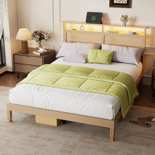 Satifur Queen Bed Frame with Headboard & Bookcase Storage Shelf, Rattan Beds with Charging Station and LED Lights, No Box Spring Needed