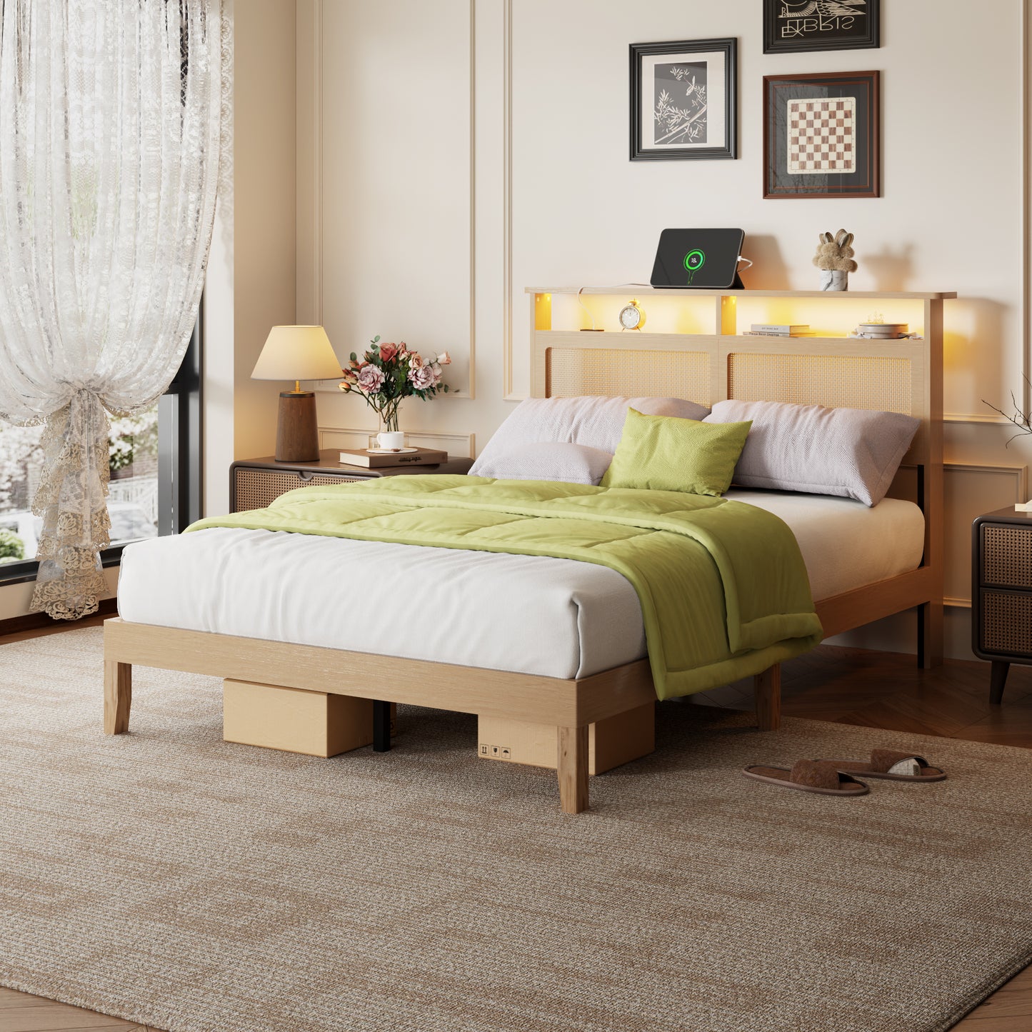 Satifur Wooden Bed Frame with Rattan Storage Headboard, Smart RGB LED Lights and Charging Station, Heavy Duty Platform Bed with Under-Bed Storage Space, Noise-Free, Natural